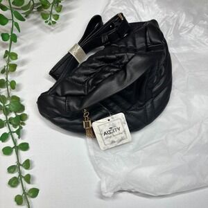 Accity Quilted Faux Leather Fanny Pack‎ Crossbody Belt Bag Black Gold Tassel NWT